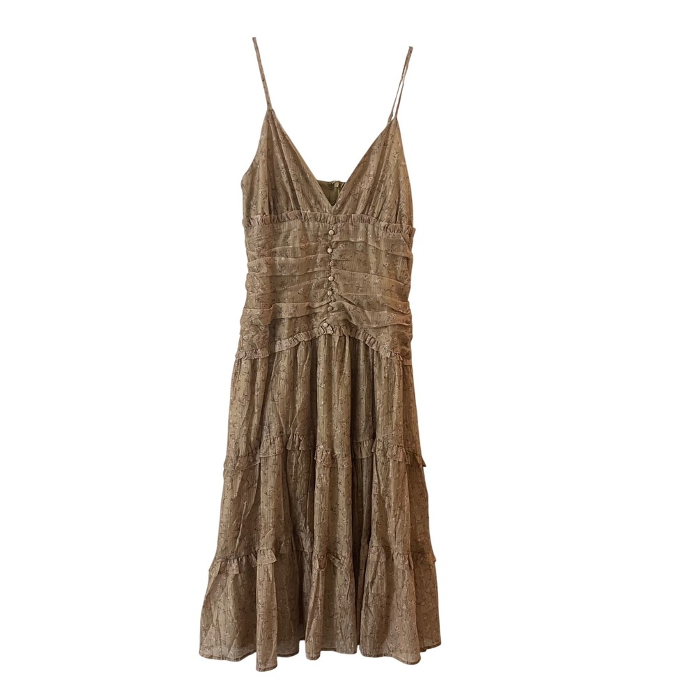 Storia Floral Ruffle Tiered Midi Dress Cottagecore Brown Tan Large NWT